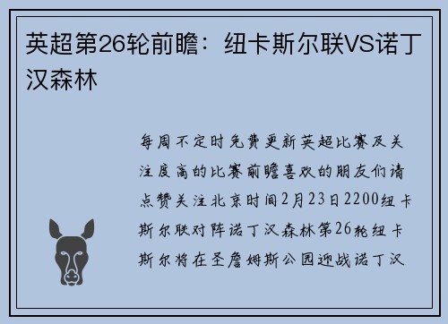 英超第26轮前瞻：纽卡斯尔联VS诺丁汉森林